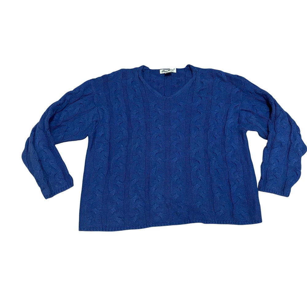 VTG Eddie Bauer Women's PM Fisherman Royal Blue Cable Knit V-Neck Cotton Sweater